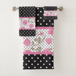 Roze rozen en zwarte en witte pooldots bad handdoek