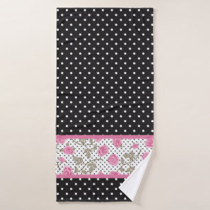 Roze rozen en zwarte en witte pooldots bad handdoek