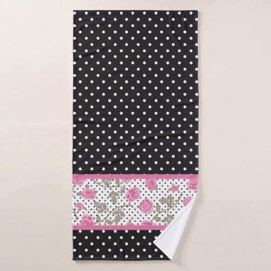 Roze rozen en zwarte en witte pooldots bad handdoek (Badhanddoek)