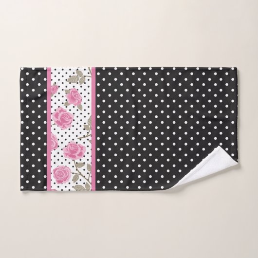 Roze rozen en zwarte en witte pooldots bad handdoek (Handdoek)