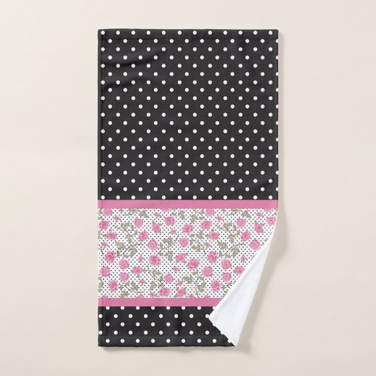 roze rozen en zwarte en witte pooldots bad handdoek (Handdoek)
