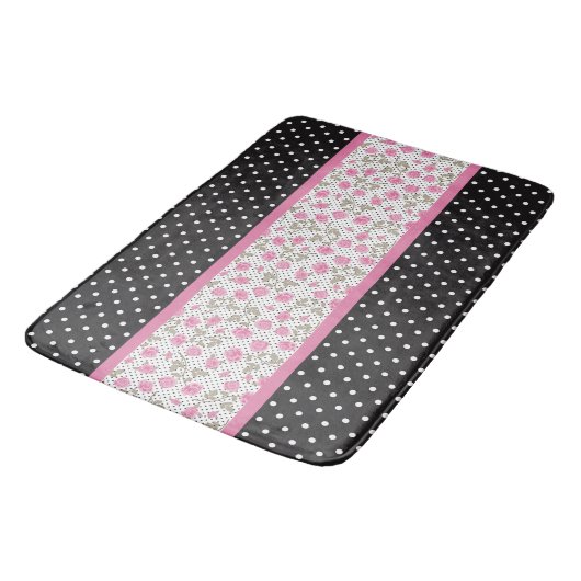 roze rozen en zwarte en witte pooldots badmat (Gekanteld)