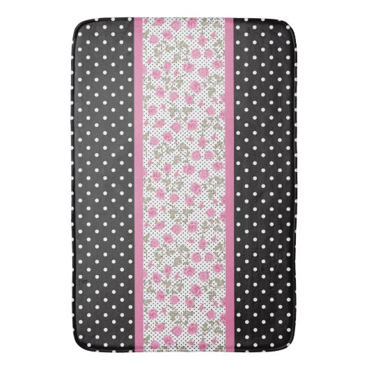 roze rozen en zwarte en witte pooldots badmat (Voorkant Verticaal)