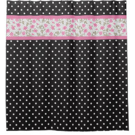 roze rozen en zwarte en witte pooldots douchegordijn