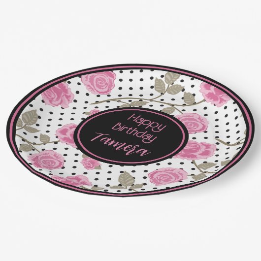 Roze rozen en zwarte poka Dots op maat Papieren Bordje (Gekanteld)