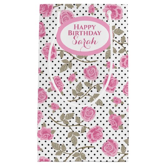 Roze rozen en zwarte poladots, monogrammen klein cadeauzakje (Voorkant)