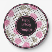 Roze rozen en zwarte polka stippen Persoonlijk Papieren Bordje (Voorkant)