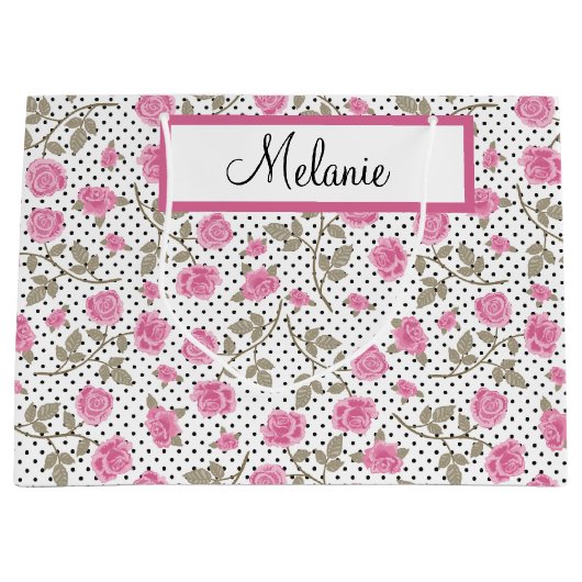 Roze rozen en zwarte pooldots groot cadeauzakje (Voorkant)
