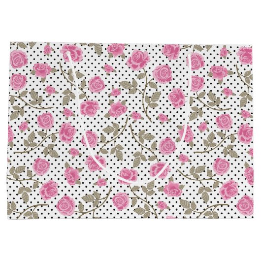 Roze rozen en zwarte pooldots groot cadeauzakje (Achterkant)