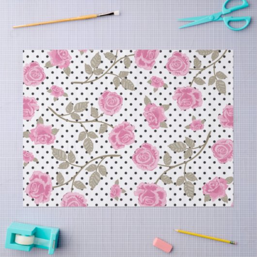 Roze rozen en zwarte pooldots tissuepapier (Craft)