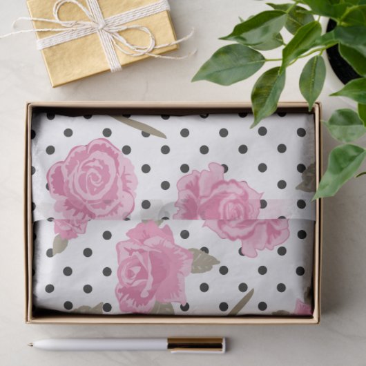 Roze rozen en zwarte pooldots tissuepapier (Geschenk)