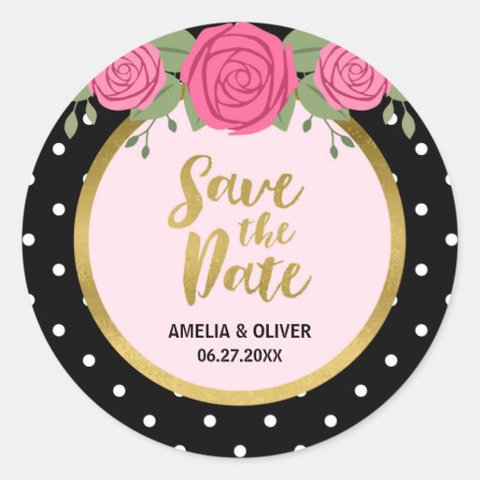 Roze rozen en zwarte witte poka Dot sparen de Datu Ronde Sticker (Voorkant)