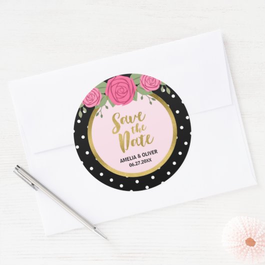 Roze rozen en zwarte witte poka Dot sparen de Datu Ronde Sticker (Envelop)