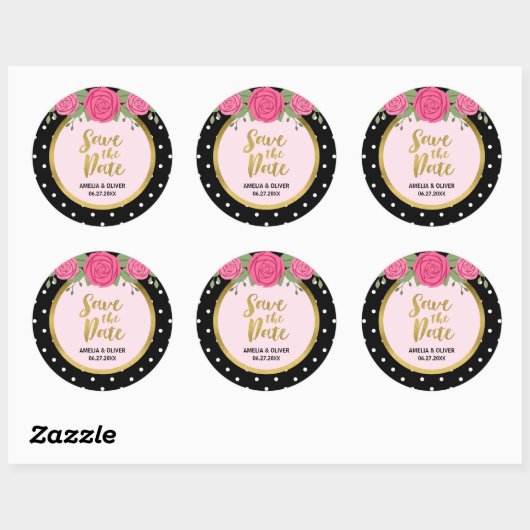 Roze rozen en zwarte witte poka Dot sparen de Datu Ronde Sticker (Vel)