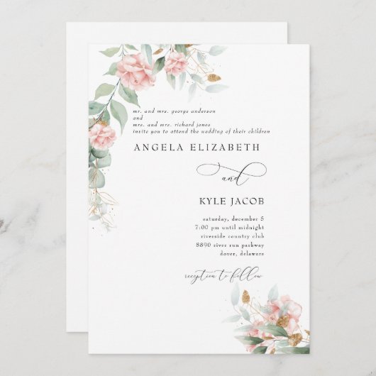 Roze rozen Eucalyptus Beide ouders bruiloft Kaart (Voorkant / Achterkant)