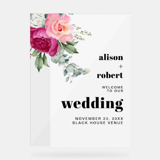 Roze rozen eucalyptus bruiloft WELKOM Acryl Bord (Voorkant)