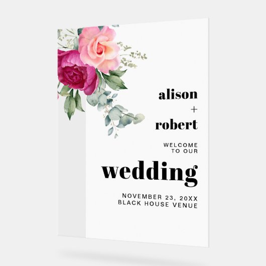 Roze rozen eucalyptus bruiloft WELKOM Acryl Bord (Hoek)