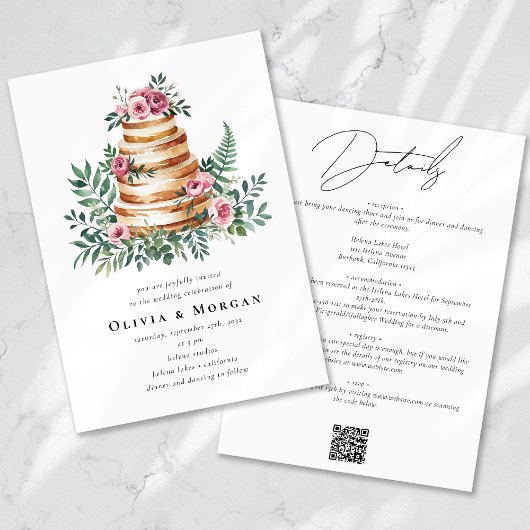 Roze Rozen Eucalyptus Cake QR Code Huwelijk Kaart