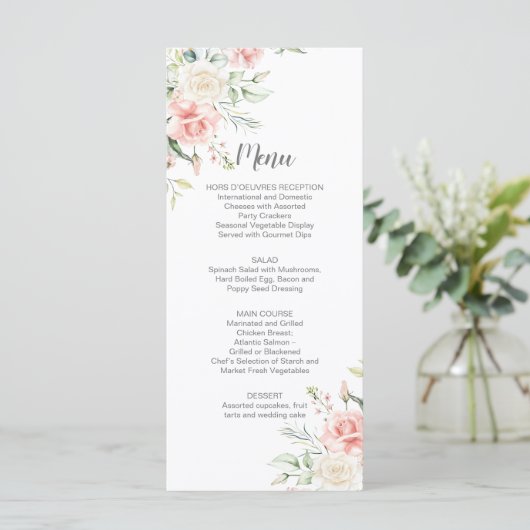 Roze rozen, Eucalyptus, Greenery Wedding Menu (Staand voorkant)