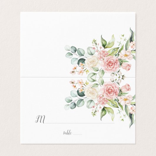 Roze Rozen Eucalyptus groen bruiloft plaats kaart (Buitenkant ongevouwen)
