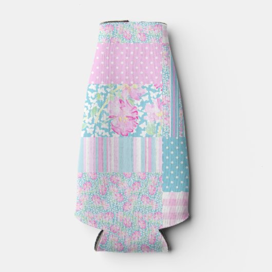 Roze Rozen Faux Patchwork Flessenkoeler Flesjeskoeler (Voorkant)