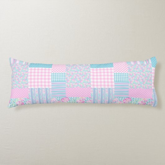 Roze rozen faux patchwork groot carrosserie lichaamskussen (Voorkant)