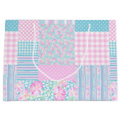 Roze Rozen Faux Patchwork Grote Gift Bag Groot Cadeauzakje (Voorkant)