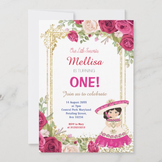 Roze Rozen Fiesta Verjaardag Uitnodiging (Voorkant)