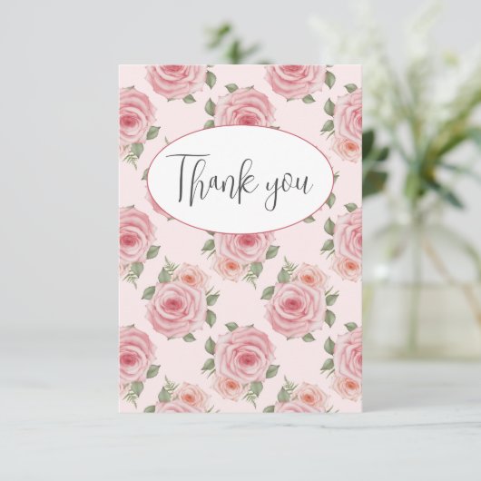 Roze rozen flat bedankt kaart (Staand voorkant)