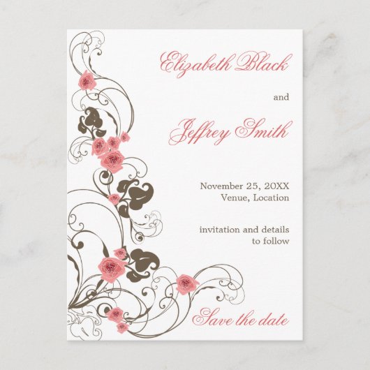 Roze Rozen Fleur Elegante Save The Date Postcard Aankondigingskaart (Voorkant)
