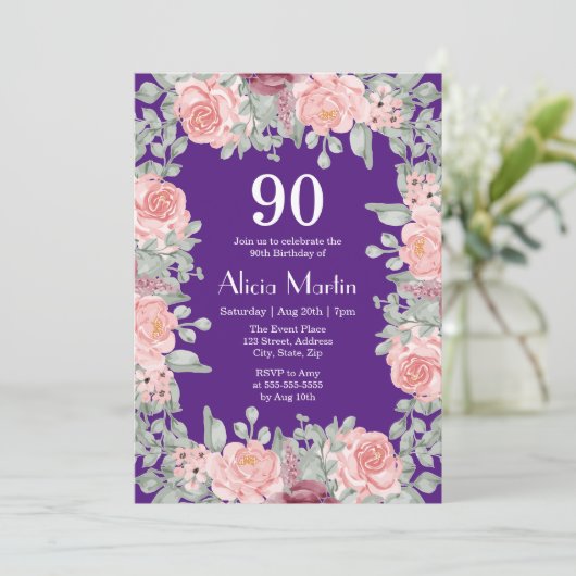 Roze Rozen Flora Groen Paarse 90e Verjaardag Kaart (Staand voorkant)