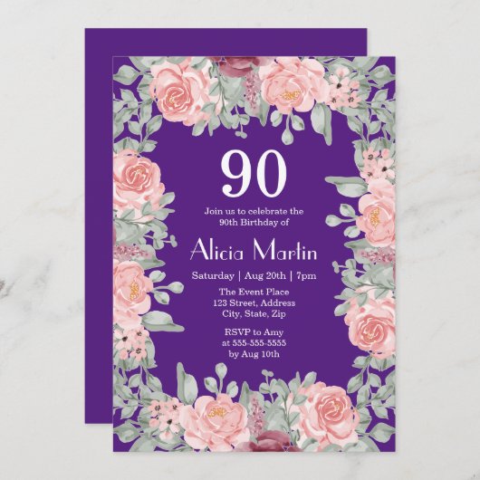 Roze Rozen Flora Groen Paarse 90e Verjaardag Kaart (Voorkant / Achterkant)