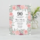 Roze Rozen Flora Groen Wit 90ste verjaardag Kaart (Staand voorkant)