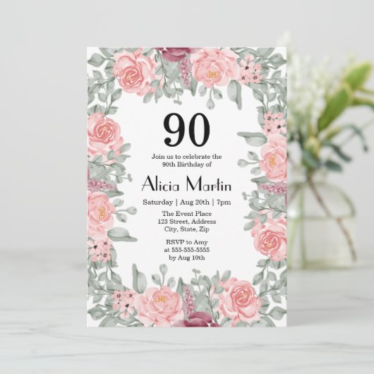 Roze Rozen Flora Groen Wit 90ste verjaardag Kaart (Staand voorkant)