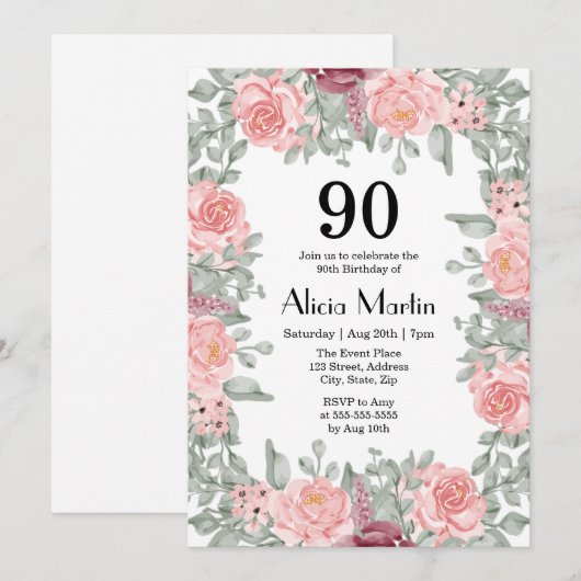 Roze Rozen Flora Groen Wit 90ste verjaardag Kaart (Voorkant / Achterkant)