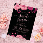 roze rozen Floral Black Sweet 16 Kaart<br><div class="desc">Deze elegante en meisjes zoete uitnodiging voor zestien verjaardagsfeestjes is perfect voor elk seizoen; lente, zomer, herfst en winter. Het ontwerp omvat rozen en bladeren boven en onder op de uitnodiging met een unieke en delicate typografie. Het kleurenschema omvat wazige roze, neonroze, en zwart. Het is prachtig, , modern en...</div>