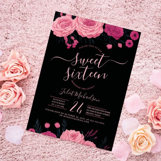  roze rozen Floral Black Sweet 16 Kaart