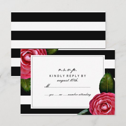 Roze rozen Floral Black + White Stripe RSVP (Voorkant / Achterkant)