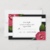 Roze rozen Floral Black + White Stripe RSVP Kaartje (Voorkant)