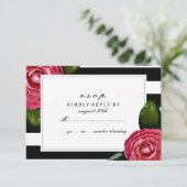 Roze rozen Floral Black + White Stripe RSVP Kaartje (Staand voorkant)