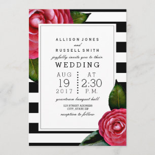 Roze rozen Floral Black + White Stripe Wedding Kaart