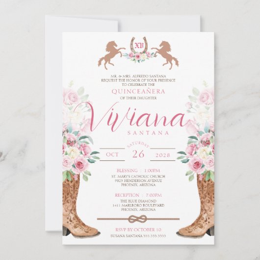Roze rozen Floral Boots Westerne Charra Quinceaner Kaart (Voorkant)