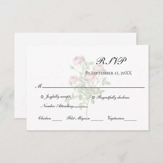 Roze rozen Floral Elegant Formele Klassieke bruilo RSVP Kaartje (Voorkant / Achterkant)