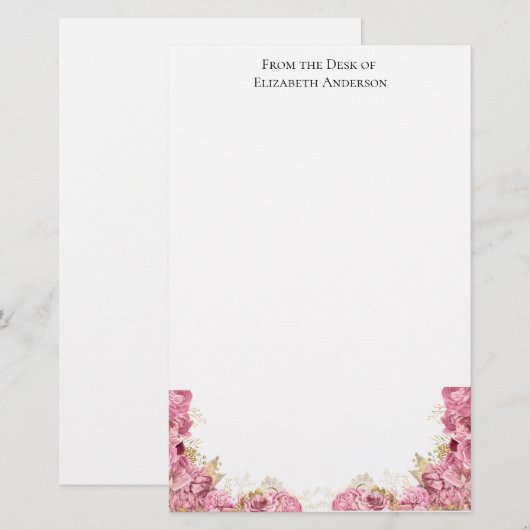 Roze rozen Floral Elegant gepersonaliseerde schrij Briefpapier (Voorkant / Achterkant)
