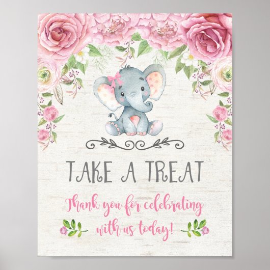 Roze rozen Floral Elephant Favors Sign Treat Sign. Poster (Voorkant)