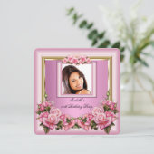  roze rozen Floral Foto Birthday Party Kaart (Staand voorkant)