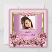 roze rozen Floral Foto Birthday Party Kaart (Voorkant)