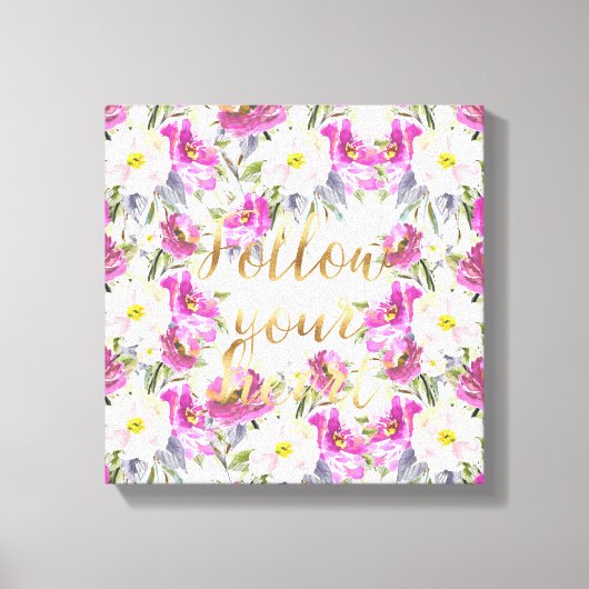 Roze Rozen Floral Gold Volg je hart Canvas Afdruk (Voorkant)