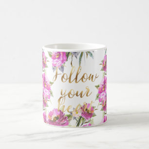 Roze Rozen Floral Gold Volg je hart Koffiemok