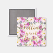 Roze Rozen Floral Gold Volg je hart Magneet (Voorkant / Achterkant)